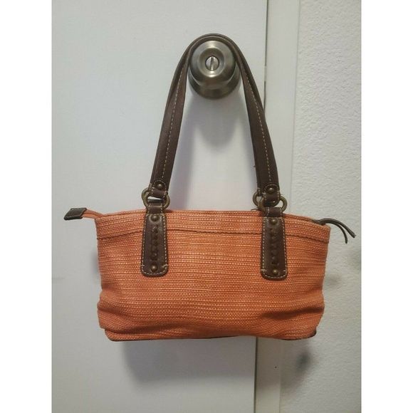 Fossil Tote Bag Salmon Fabric with Brown Leather Straps Small - Picture 1 of 8